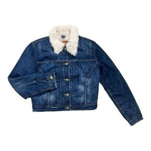 Levi’s Blue Denim Short Jacket Sherpa Lining Women Size M Cotton Button Front